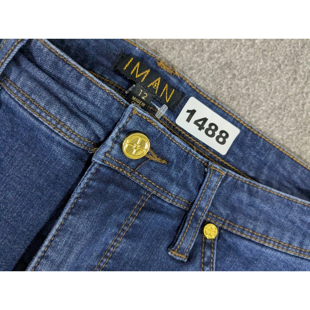 IMAN Women's Jeans Size 12 Dark Wash Blue Denim Bootcut Flare Gold Hardware - Picture 9 of 9